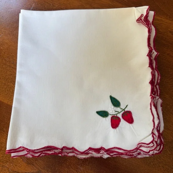 Vintage Strawberry Embroidered White Napkins & Placemats - set of 8
